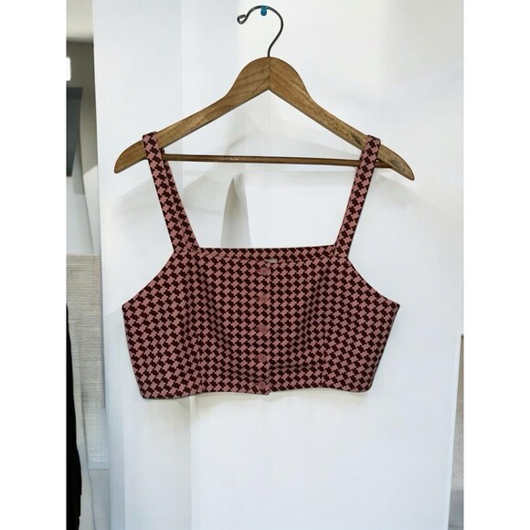 Levi's Geometric Checkered Crop MED Pink Brown Knit Retro Y2K Button Front Tank - Picture 10 of 16